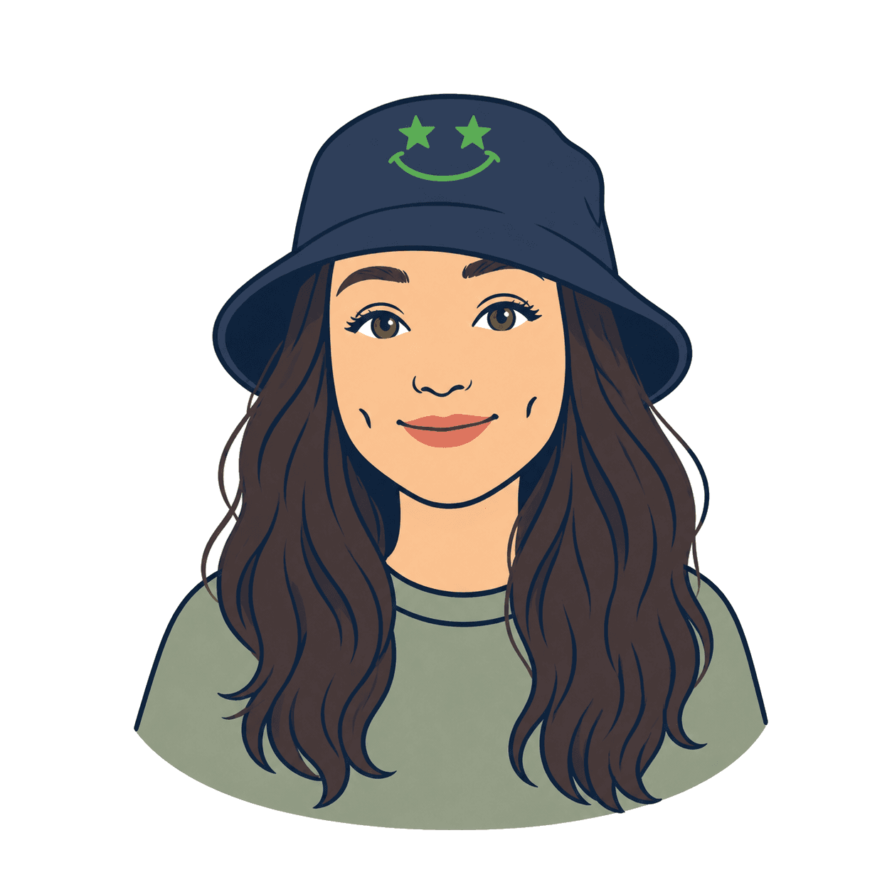 Illustrated portrait of Tessa in a navy bucket hat with a green star-eyed smiley